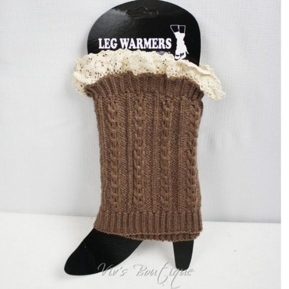 Khaki Cable Knit Boot Cuffs Lace Trim - Picture 1 of 2